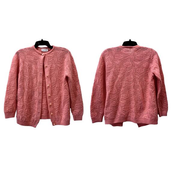 70s Granny Cardigan Pink/Salmon Open Knit Floral Sweater | S - Picture 8 of 12